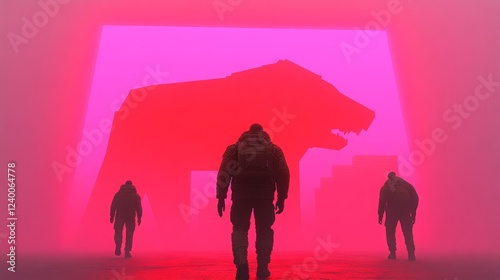 Three figures walk towards a giant, ominous silhouette of a wolf in a hazy, vibrant pink landscape.  A mysterious and surreal scene.