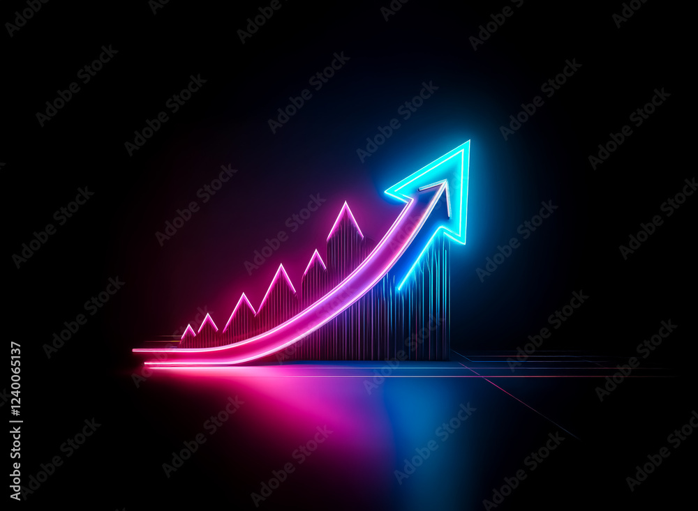 Vibrant neon pink and blue arrow ascends a graph against a dark background, symbolizing growth and success. A sleek, modern depiction of upward trajectory. Vibrant neon pink and blue arrow ascends a graph against a dark background, symbolizing growth and success. A sleek, modern depiction of upward trajectory.
