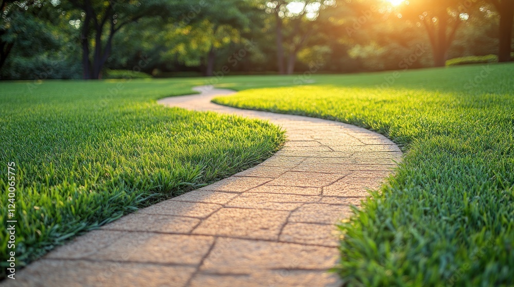 Fototapeta premium Winding path, sunset park, green grass, tranquility, brochure