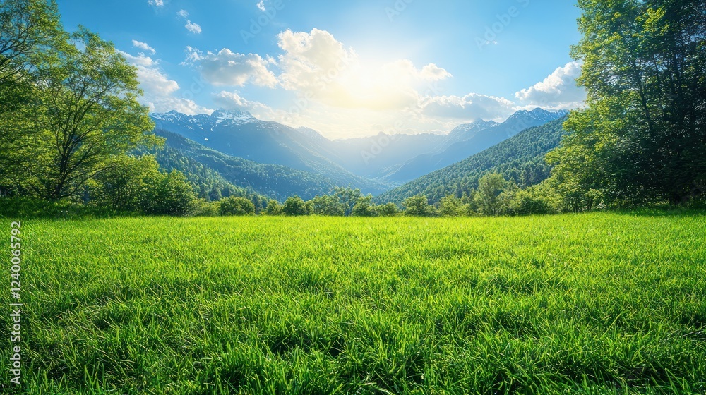 Fototapeta premium Sunny meadow with mountain backdrop.