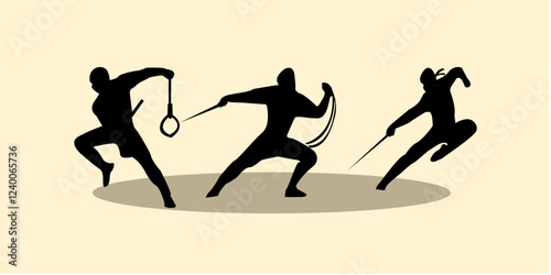 Graphic set silhouette of ninja illustration. Icon of assasin shadow character. Vector design.