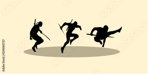 Graphic set silhouette of ninja illustration. Icon of assasin shadow character. Vector design.