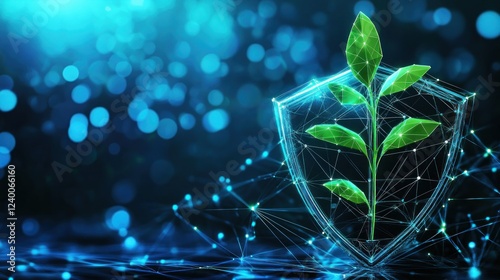 Protected plant growth, digital shield, blue bokeh background, sustainable concept