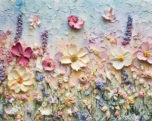 Beautiful Impressionist Oil Painting of Colorful Floral Field with Textured Blossoms and Pastel Hues