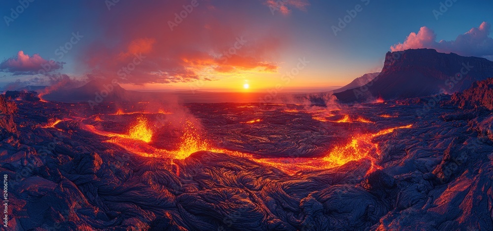 Volcanic Lava Flow at Sunset Against Dark Basalt Landscape Volcanic Lava Flow at Sunset Against Dark Basalt Landscape