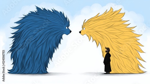 A man stands between two large, fluffy creatures, one blue and one gold.  A whimsical, contrasting illustration.
