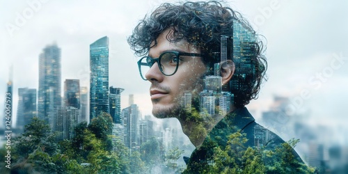 Close-up of a thoughtful entrepreneurs face blended with holographic smart city interface, AI-driven renewable energy grids, and clean energy technology symbols, double exposure, futuristic green