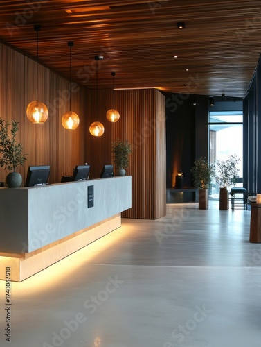 Modern hotel lobby with minimalist design and warm lighting