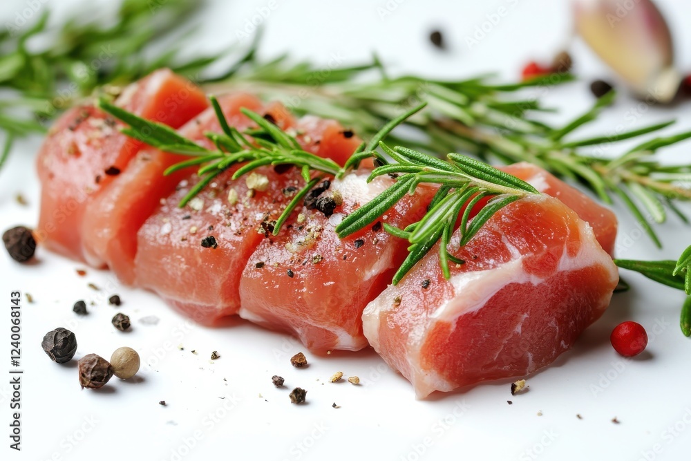 Fresh Raw Pork Tenderloin with Rosemary and Spices on White Background for Culinary Art Fresh Raw Pork Tenderloin with Rosemary and Spices on White Background for Culinary Art