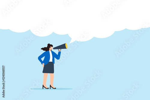 Flat illustration of businesswoman speak out on megaphone with large speech bubble symbolizing female leadership and announcement
