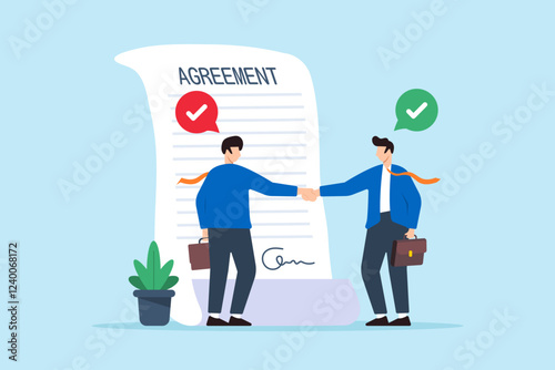 Flat illustration of businessman and partner shaking hand after signing business agreement document symbolizing successful deal