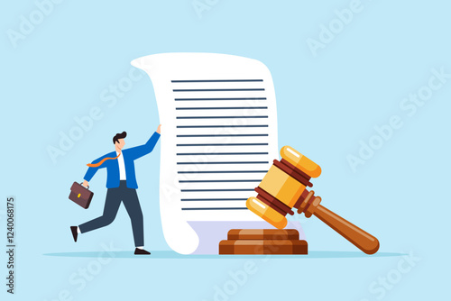 Flat illustration of mature lawyer hold legal document and gavel symbolizing judgment and court professionalism