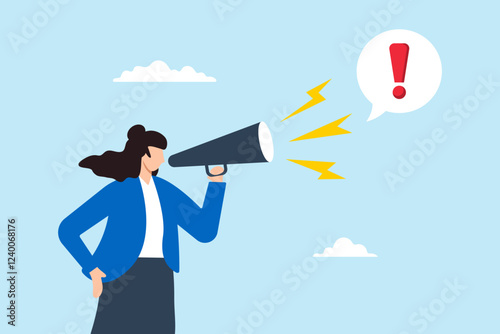 Flat illustration of businesswoman talk on megaphone with exclamation mark symbolizing important announcement