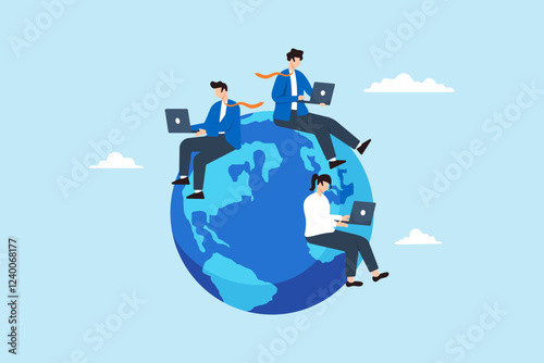 Flat illustration of business people sit around globe working on laptop symbolizing remote work and global collaboration