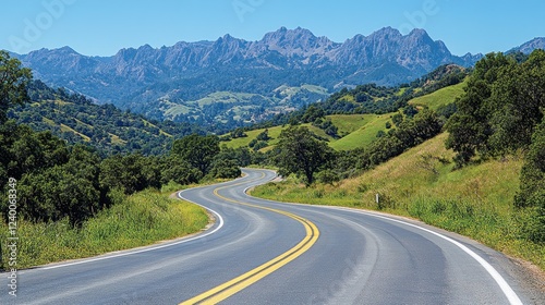 Winding road, mountain backdrop, sunny day, travel