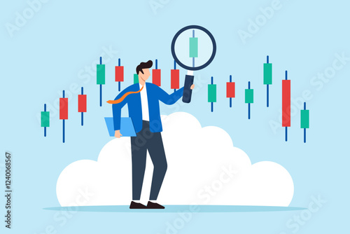 Flat illustration of businessman examine candlestick chart with magnifying glass symbolizing technical stock market analysis