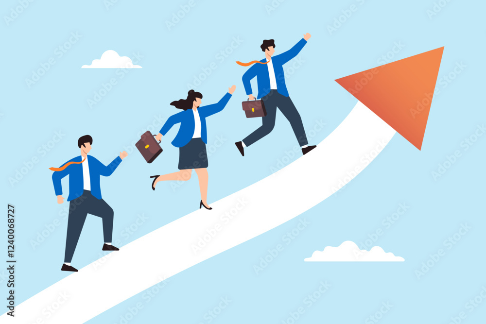 Flat illustration of business people run on upward career path arrow symbolizing growth strategy and job promotion Flat illustration of business people run on upward career path arrow symbolizing growth strategy and job promotion