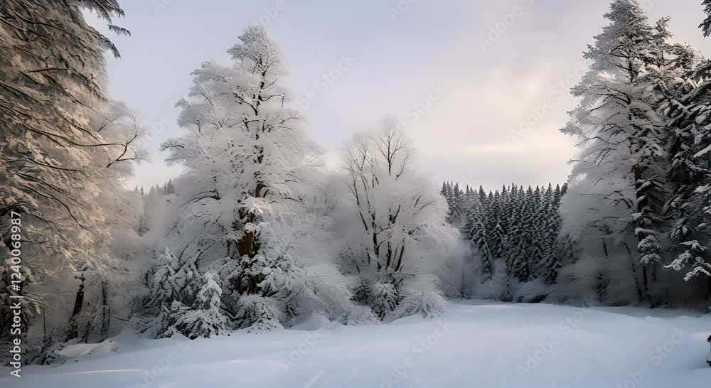 Snowy Serenity a quiet winter scene in a snowy forest, with the camera gliding gently between trees, showcasing the soft blanket of snow and the stillness of the surroundings Snowy Serenity a quiet winter scene in a snowy forest, with the camera gliding gently between trees, showcasing the soft blanket of snow and the stillness of the surroundings