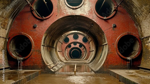 Exploring the depths of an abandoned industrial tunnel: a journey into the forgotten past.  A captivating view of intricate brickwork and aged pipes. photo