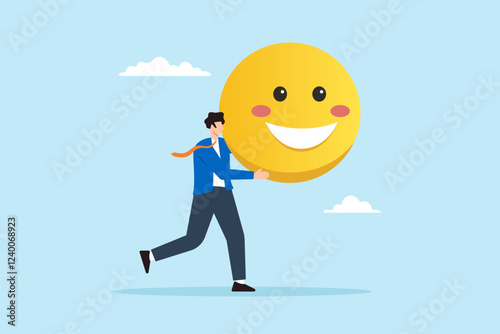 Flat illustration of businessman carry big happy smile face symbolizing job satisfaction and positive workplace morale