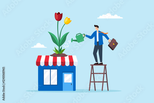 Flat illustration of businessman watering blooming shop plant symbolizing entrepreneur growth and business expansion