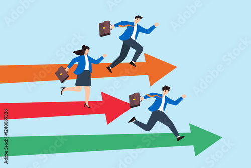Flat illustration of businessman and businesswoman race on arrow track symbolizing competition to achieve sales and performance goal
