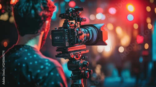 Cameraman filming concert, vibrant stage lights, audience blurred