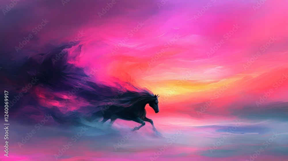 A majestic black horse gallops across a vibrant, colorful dreamscape. The surreal scene is painted in shades of pink, purple, and orange. A majestic black horse gallops across a vibrant, colorful dreamscape. The surreal scene is painted in shades of pink, purple, and orange.