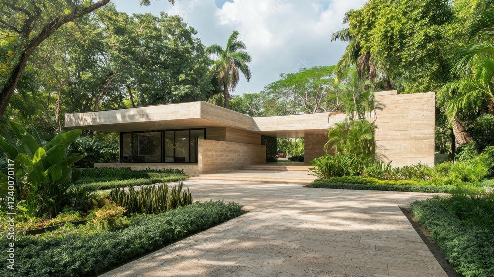 Fototapeta premium Modern Minimalist House nestled in Lush Tropical Greenery