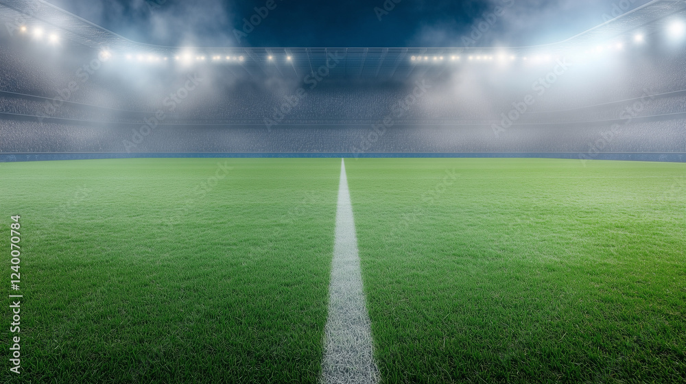 Obraz premium Stadium Night: A dramatic low-angle view of a pristine soccer field at night, illuminated by powerful stadium lights creating a captivating atmosphere.