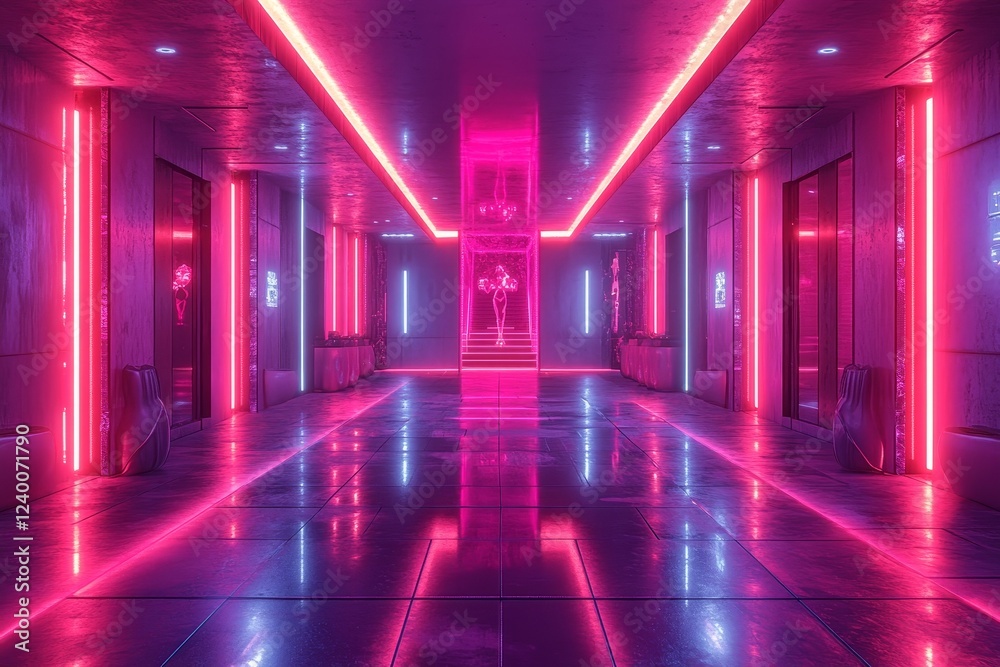 Neon-lit futuristic hallway, reflective floor, pink & blue lighting, sci-fi background, ideal for gaming Neon-lit futuristic hallway, reflective floor, pink & blue lighting, sci-fi background, ideal for gaming