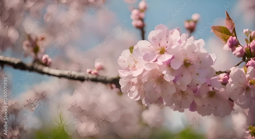 Blossoming Spring a blooming cherry blossom tree with petals drifting in the breeze, while the camera slowly pans to reveal the surrounding park and its vibrant life