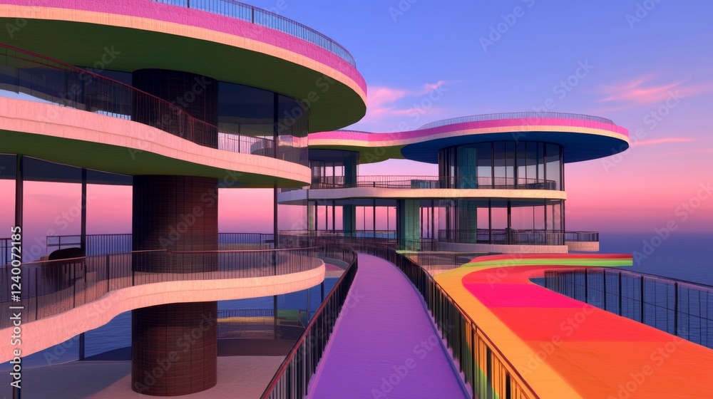 Fototapeta premium Vibrant colorful architecture with a breathtaking ocean view at sunset. A modern design with curved lines and pastel shades.