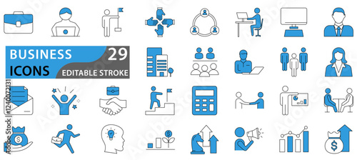 Business icon set. Business team, meeting, partnership, startup, planning, company, management, profit and successful key icons. Set icons vector collection.