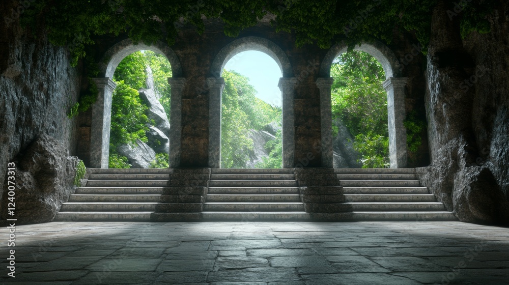 Fototapeta premium Serene stone archway leads to lush greenery. Sunlight filters through the foliage, casting an ethereal glow.