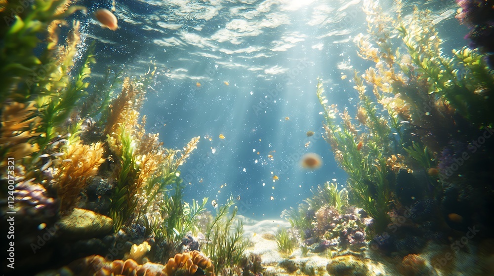 Fototapeta premium Sunbeams Illuminating Underwater Seaweed and Coral