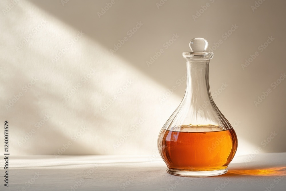 Amber liquid in a glass decanter sits in sunlight Amber liquid in a glass decanter sits in sunlight