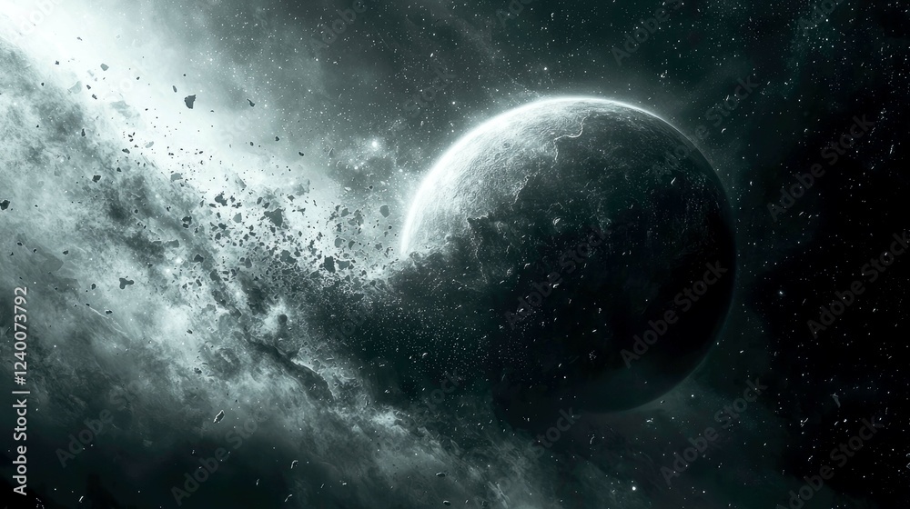Obraz premium Cosmic Destruction: A Dying Planet in the Vastness of Space. A breathtaking view of celestial bodies, cosmic dust, and the wonders of the universe.