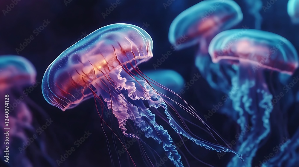 A Close-Up View of a Translucent Jellyfish with Vibrant Tentacles A Close-Up View of a Translucent Jellyfish with Vibrant Tentacles