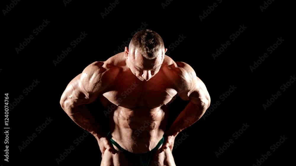 Dramatic light highlights every curve and relief of the muscles.