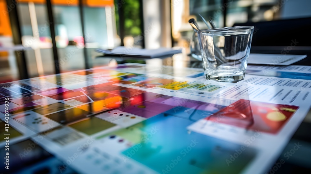 Neatly arranged strategic charts graphs and notes on a modern glass table showcasing a minimalist and organized workspace for effective business planning and data driven decision making Neatly arranged strategic charts graphs and notes on a modern glass table showcasing a minimalist and organized workspace for effective business planning and data driven decision making