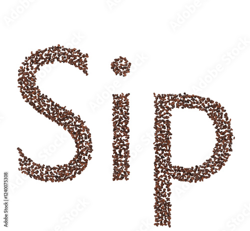 Sip Coffee Beans 3D Text Render – Elegant Word Art with Coffee Beans on Transparent Background