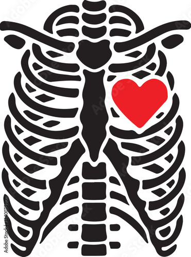 rib cage with red heart clip art silhouette logo design vector illustration