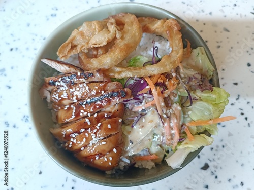 chicken with rice and salad ,top view