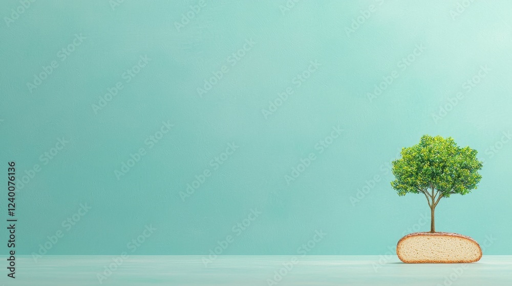 Tree Growing from a Slice of Bread on Green Background Tree Growing from a Slice of Bread on Green Background