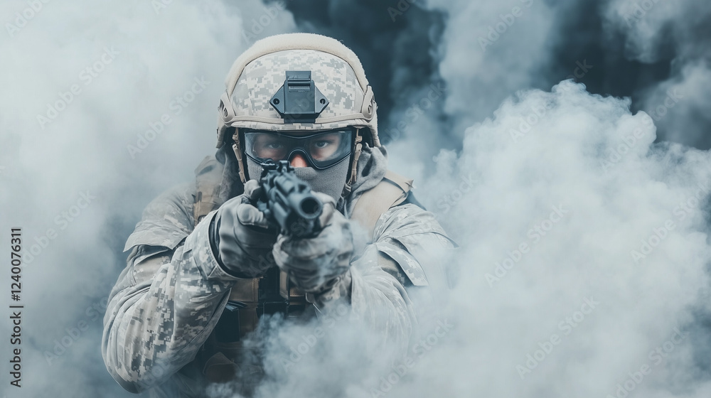 Obraz premium Soldier in Smoke: A camouflaged soldier emerges from a thick cloud of smoke, rifle aimed with unwavering focus, creating a dramatic and intense image.