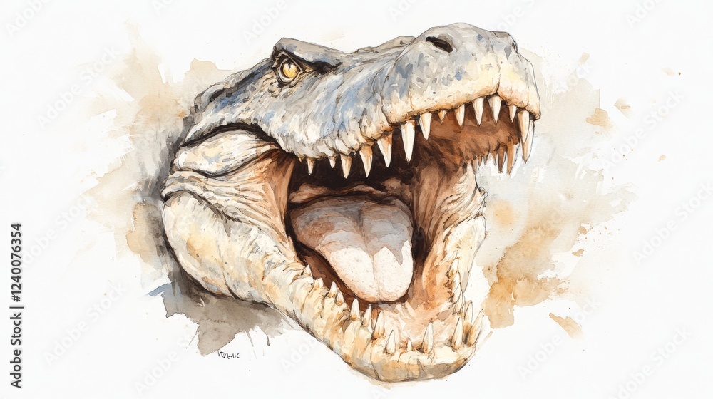 Fototapeta premium Watercolor painting of a ferocious prehistoric crocodile, its mouth wide open, revealing sharp teeth.