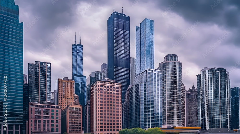 Dynamic Composition of Multiple High Rise Office Buildings Against Dramatic Cloudy Sky Dynamic Composition of Multiple High Rise Office Buildings Against Dramatic Cloudy Sky