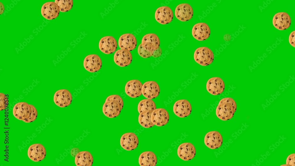 Green screen background with falling animated cookies for easy editing. Suitable video for food vloggers, baking channels, snack ads, educational animations, and social media content