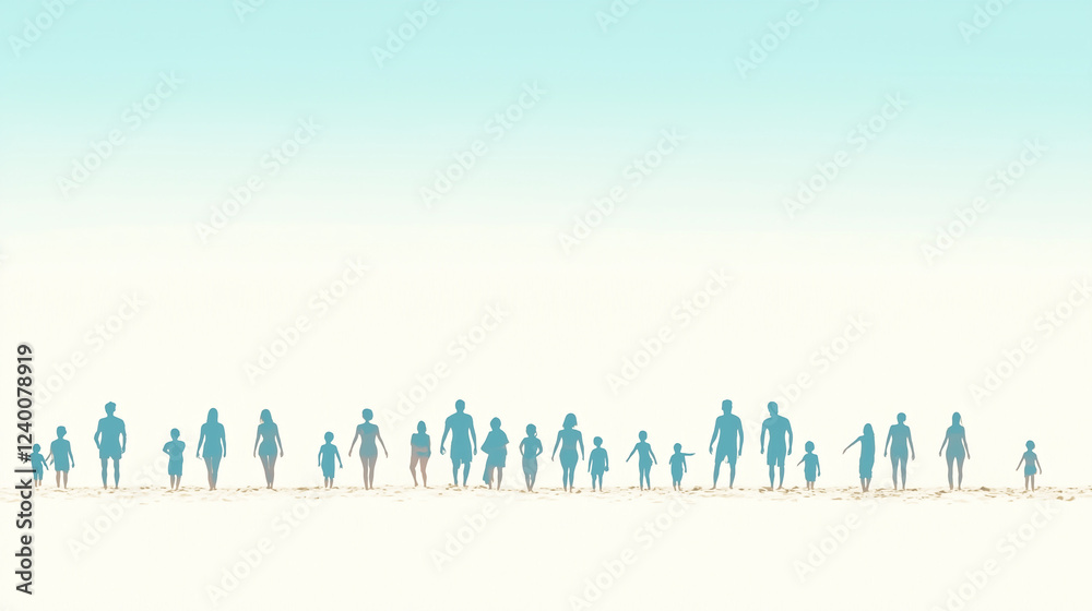Naklejka premium Silhouettes of Hope: A line of diverse, ethereal silhouettes walks toward a bright, hopeful future, capturing the essence of unity and shared purpose. 
